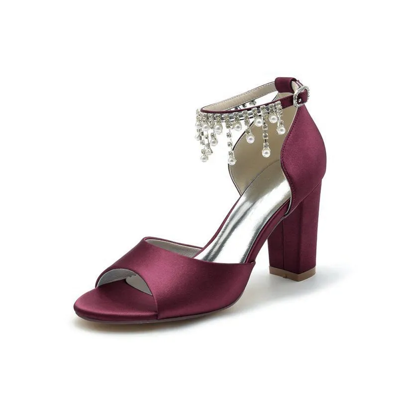 Open Toe Pearl Tassel Satin Chunky Heels