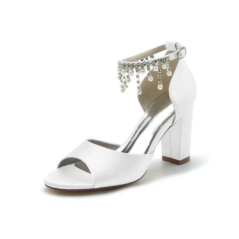 Open Toe Pearl Tassel Satin Chunky Heels
