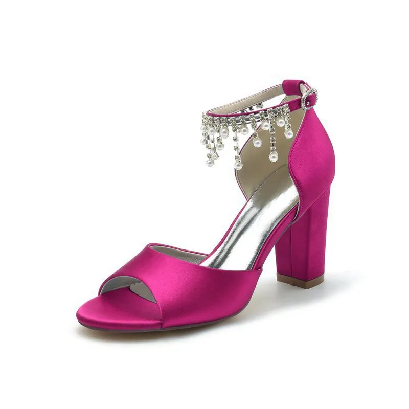 Open Toe Pearl Tassel Satin Chunky Heels