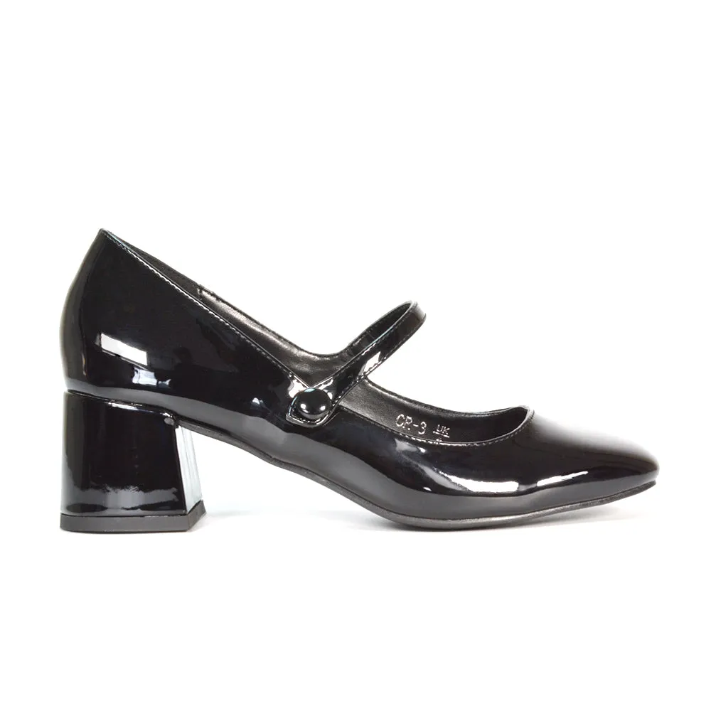 Rhea Mid Block Heel Closed Toe Mary Jane Shoes With Strap in Apricot Patent
