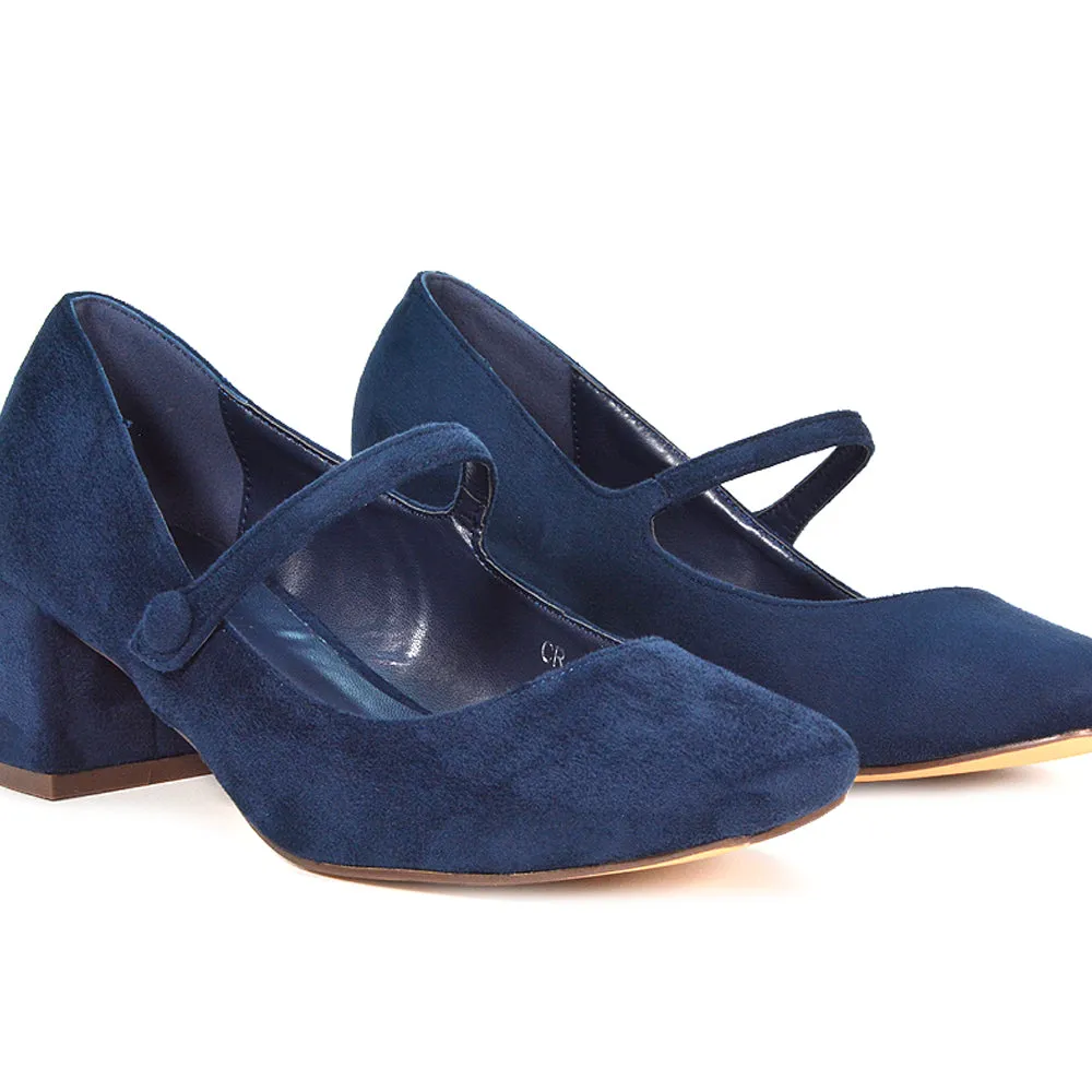 Rhea Mid Block Heel Closed Toe Mary Jane Shoes With Strap in Apricot Patent