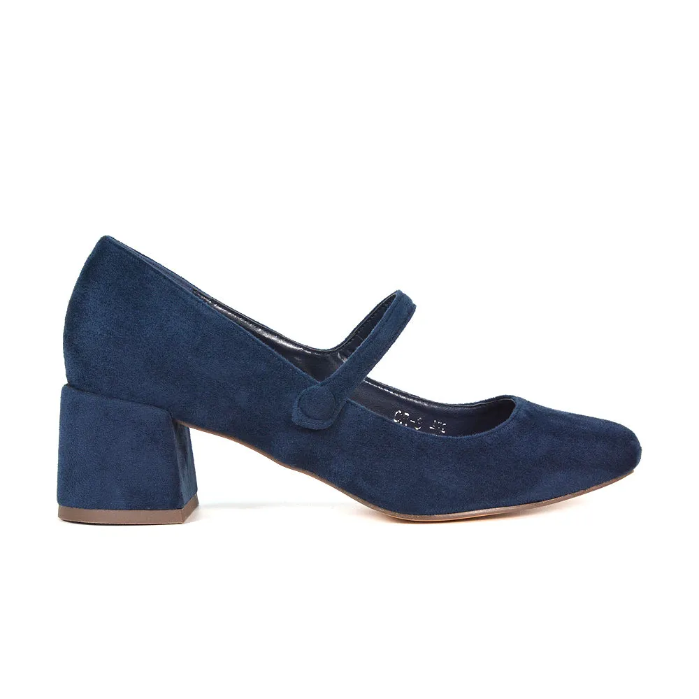 Rhea Mid Block Heel Closed Toe Mary Jane Shoes With Strap in Apricot Patent