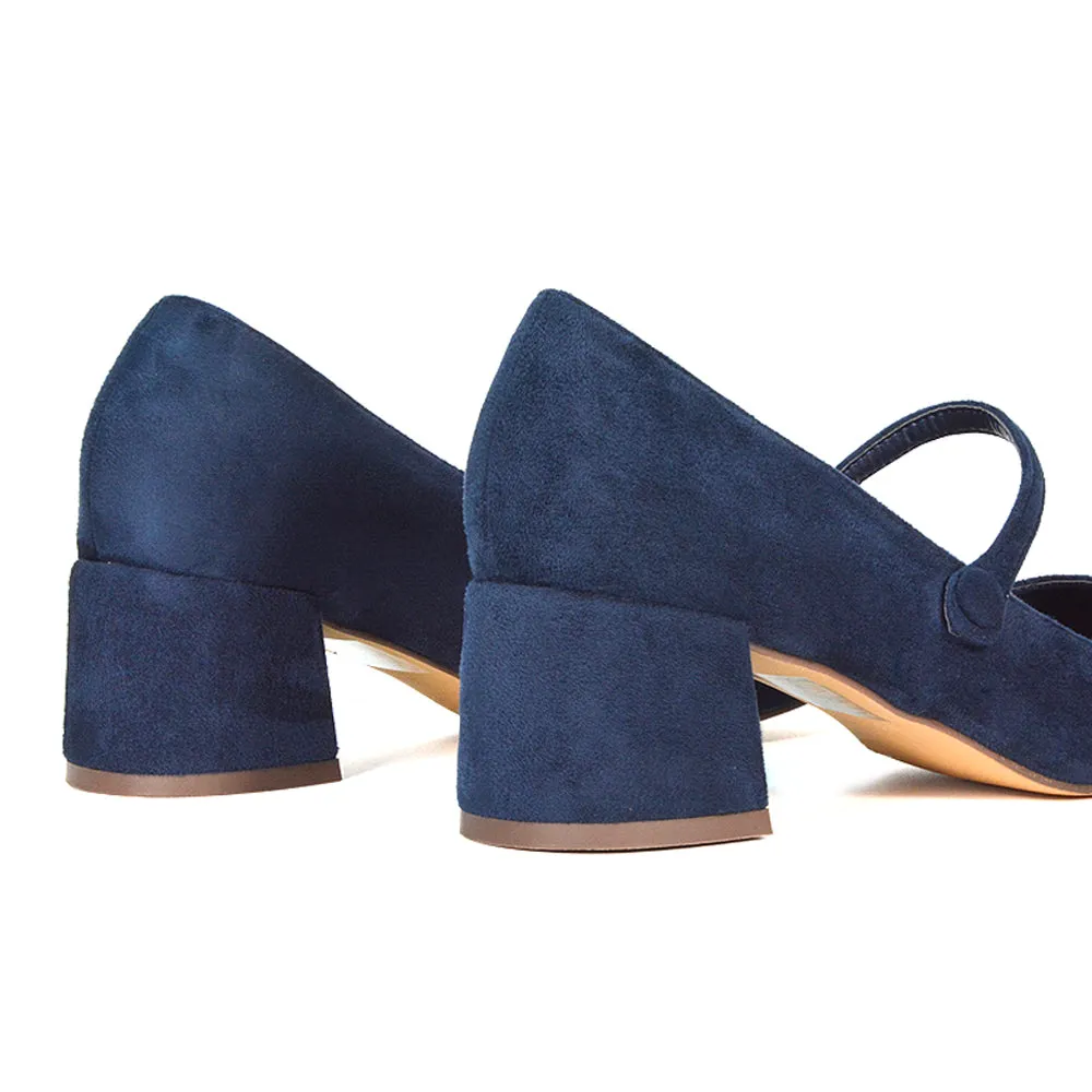 Rhea Mid Block Heel Closed Toe Mary Jane Shoes With Strap in Apricot Patent