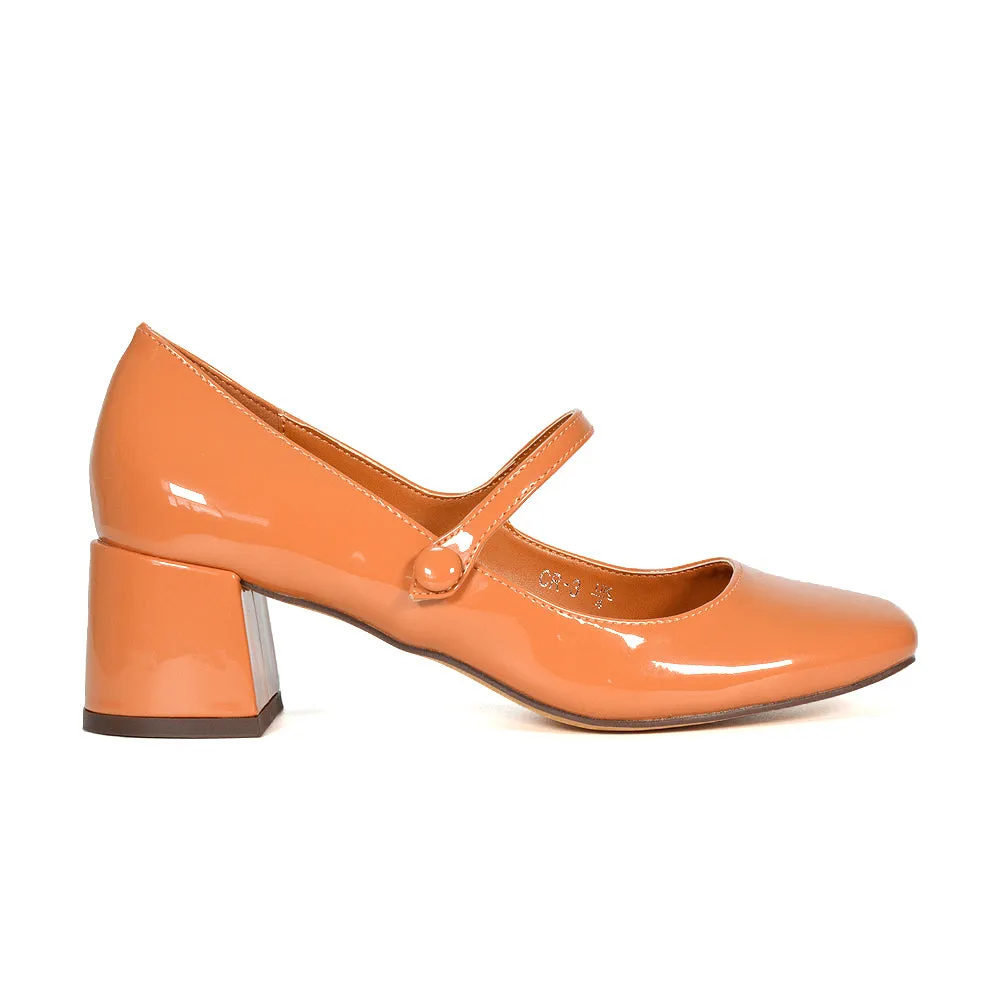 Rhea Mid Block Heel Closed Toe Mary Jane Shoes With Strap in Apricot Patent