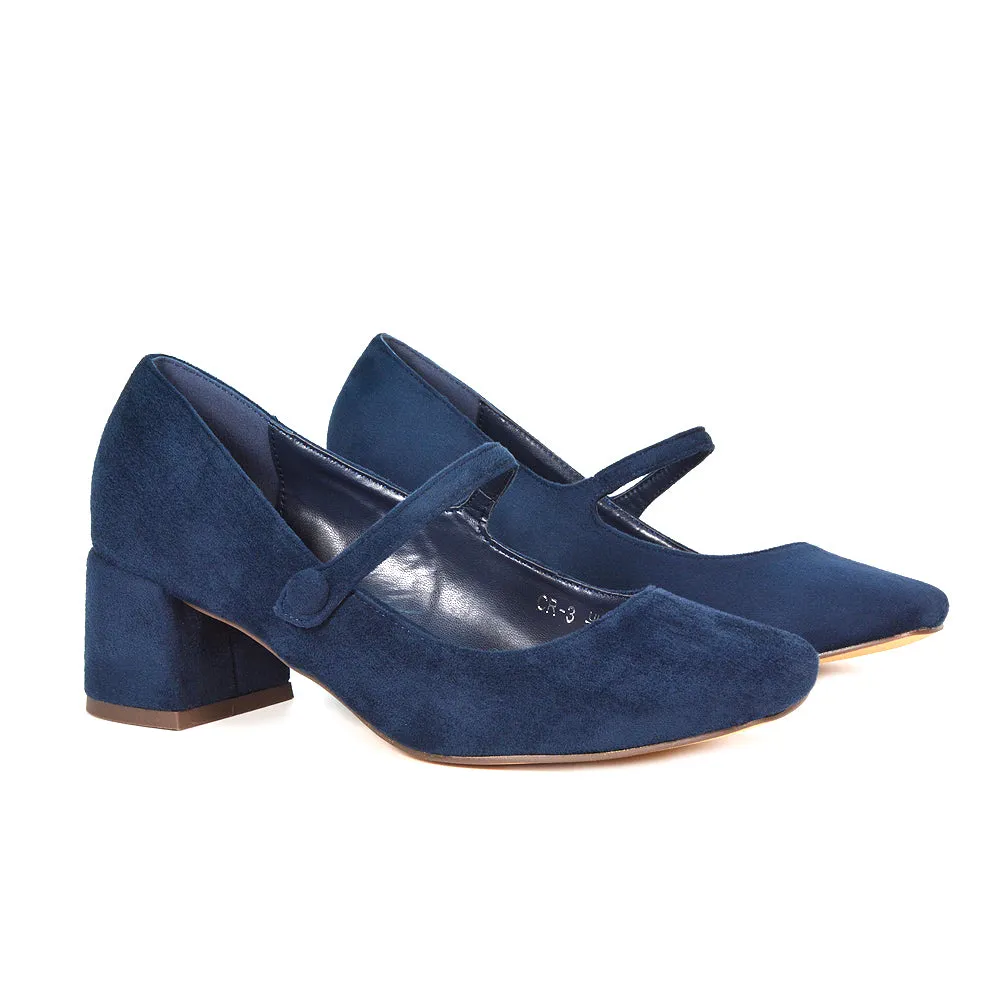 Rhea Mid Block Heel Closed Toe Mary Jane Shoes With Strap in Apricot Patent
