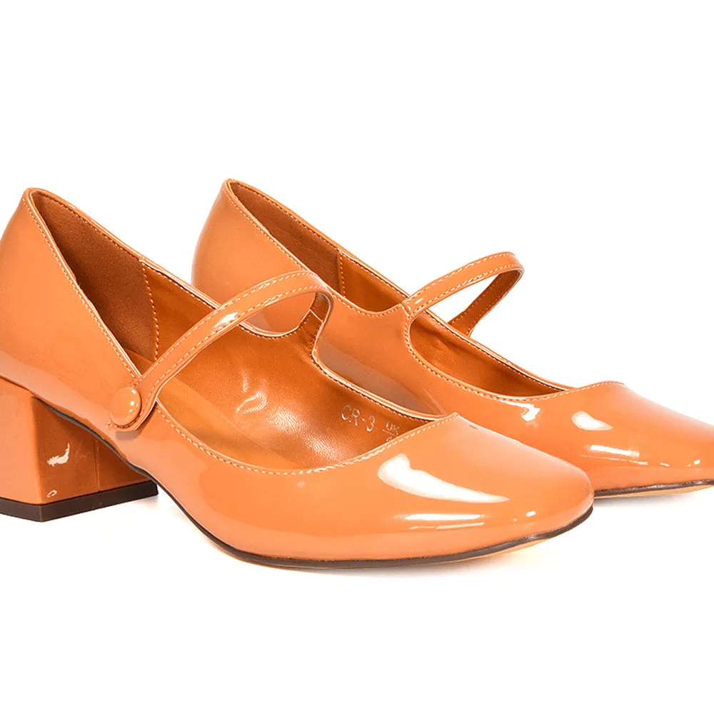 Rhea Mid Block Heel Closed Toe Mary Jane Shoes With Strap in Silver Metallic