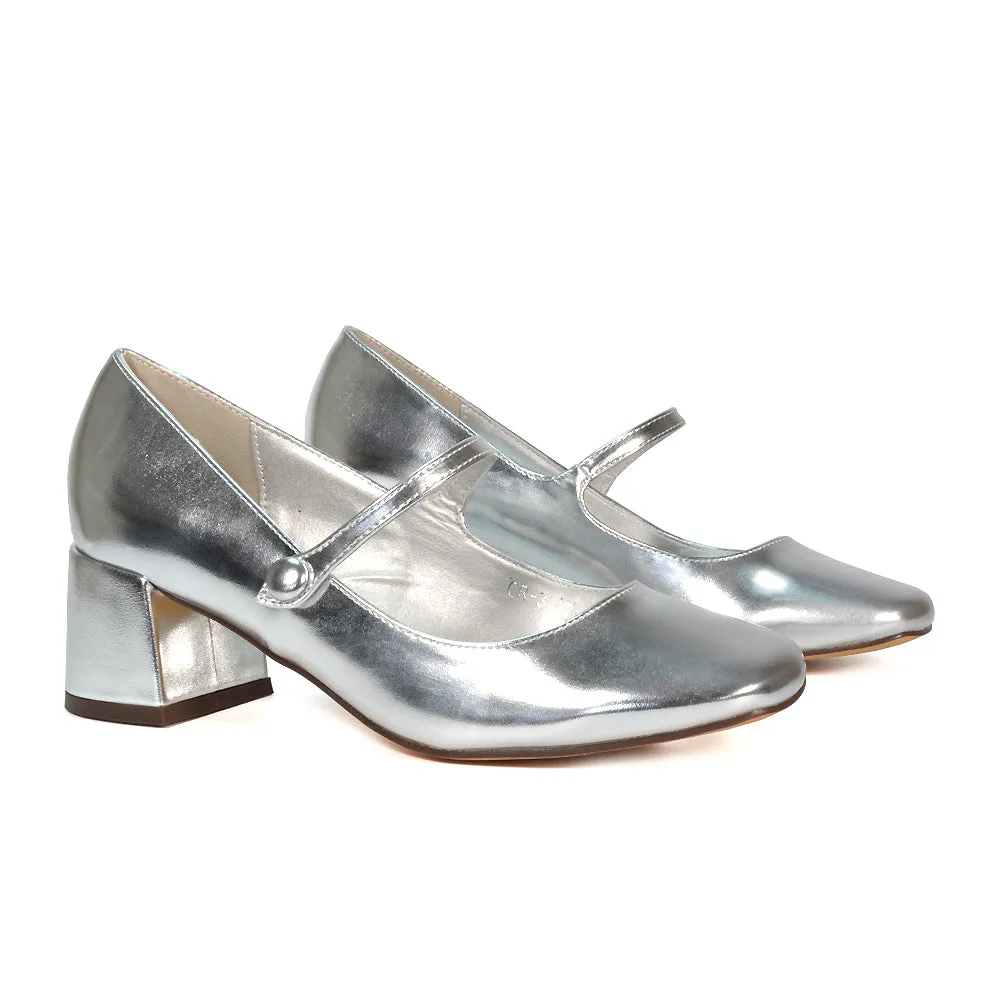 Rhea Mid Block Heel Closed Toe Mary Jane Shoes With Strap in Silver Metallic