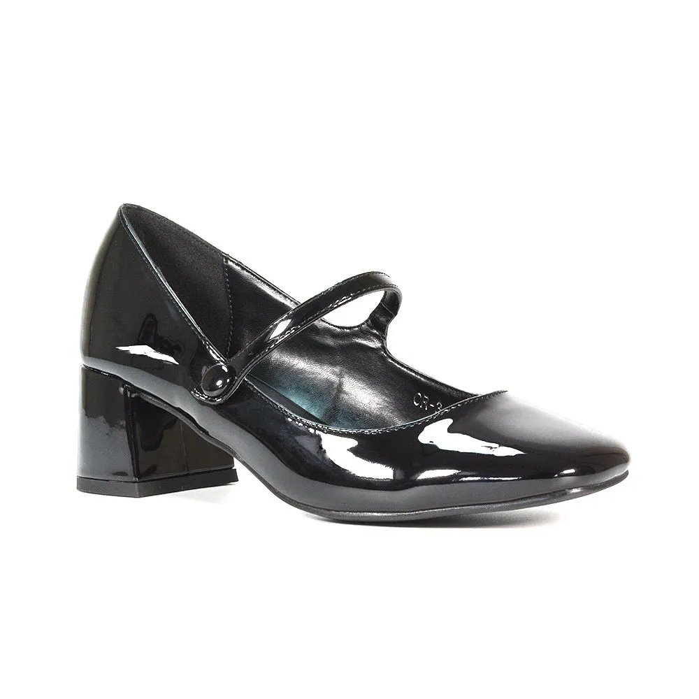 Rhea Mid Block Heel Closed Toe Mary Jane Shoes With Strap in Silver Metallic