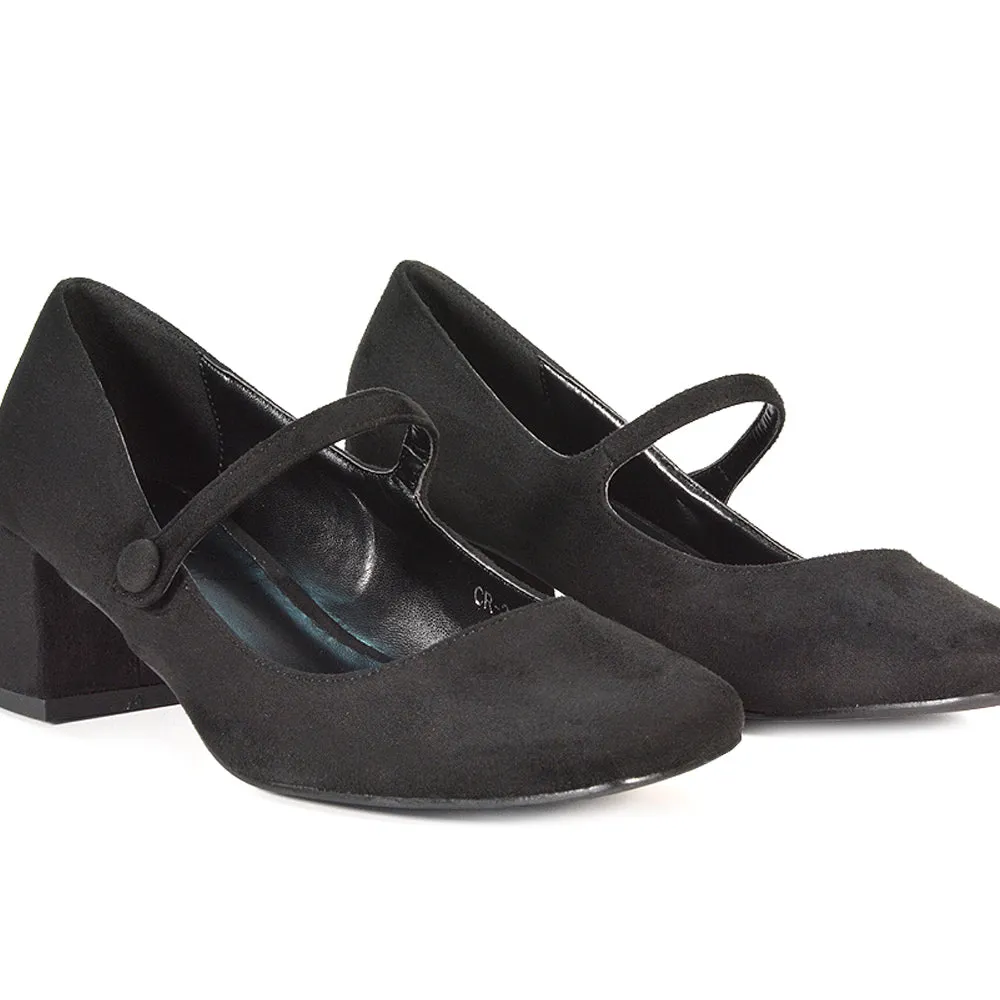 Rhea Mid Block Heel Closed Toe Mary Jane Shoes With Strap in Silver Metallic