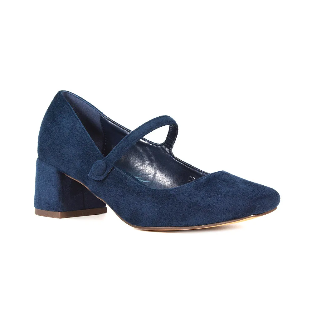 Rhea Mid Block Heel Closed Toe Mary Jane Shoes With Strap in Silver Metallic