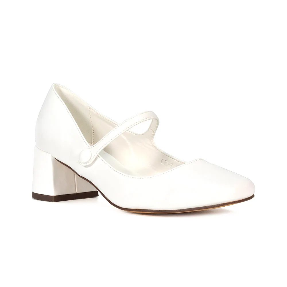 Rhea Mid Block Heel Closed Toe Mary Jane Shoes With Strap in Silver Metallic