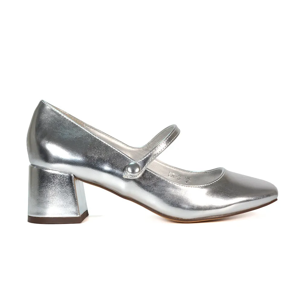 Rhea Mid Block Heel Closed Toe Mary Jane Shoes With Strap in Silver Metallic