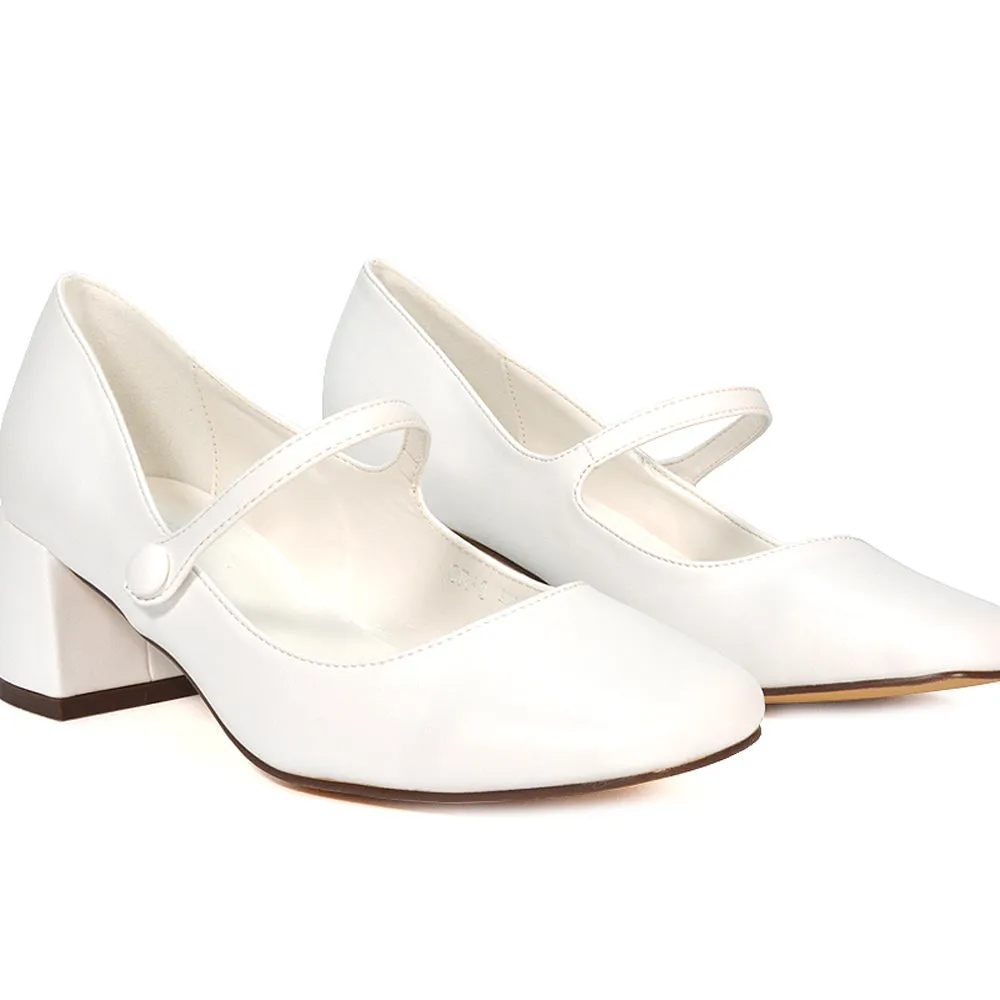 Rhea Mid Block Heel Closed Toe Mary Jane Shoes With Strap in Silver Metallic