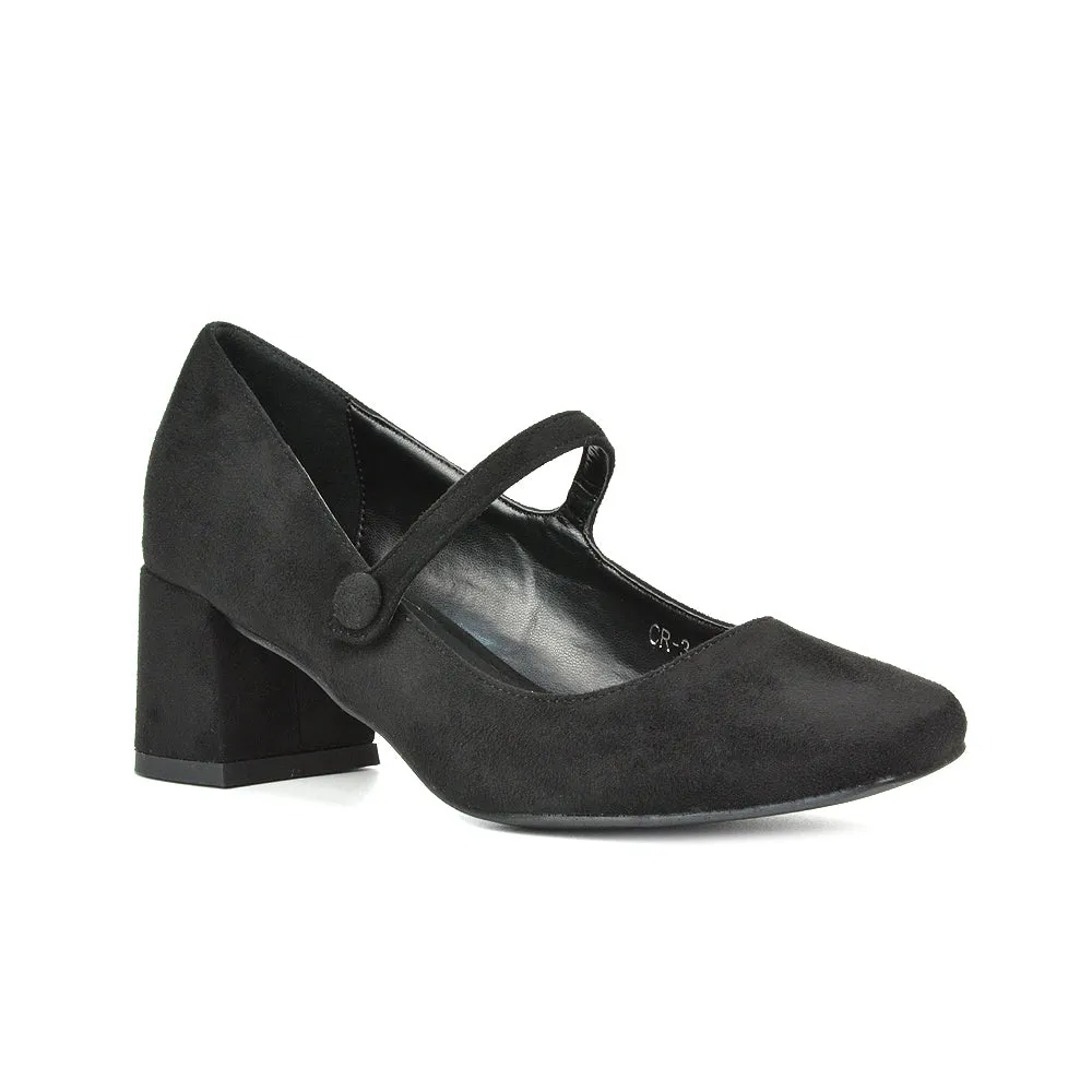 Rhea Mid Block Heel Closed Toe Mary Jane Shoes With Strap in Silver Metallic