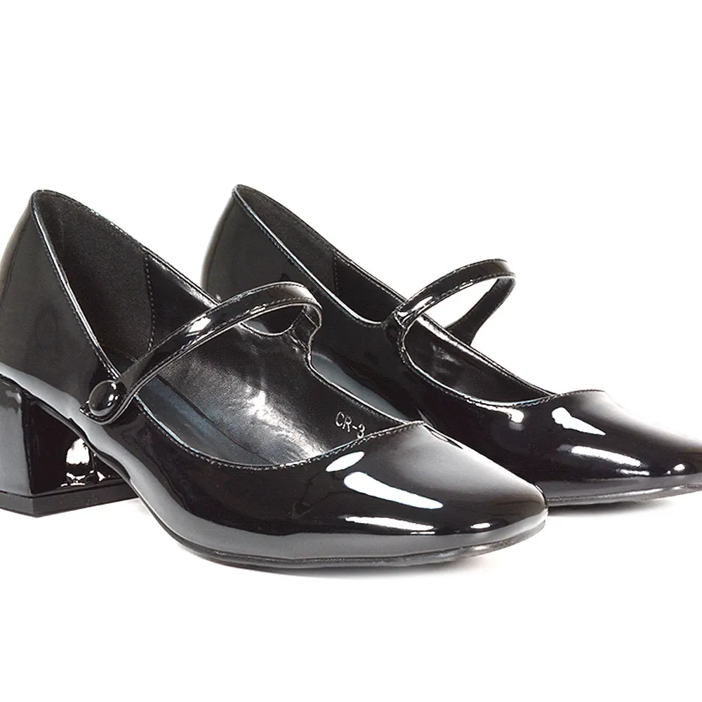 Rhea Mid Block Heel Closed Toe Mary Jane Shoes With Strap in Silver Metallic