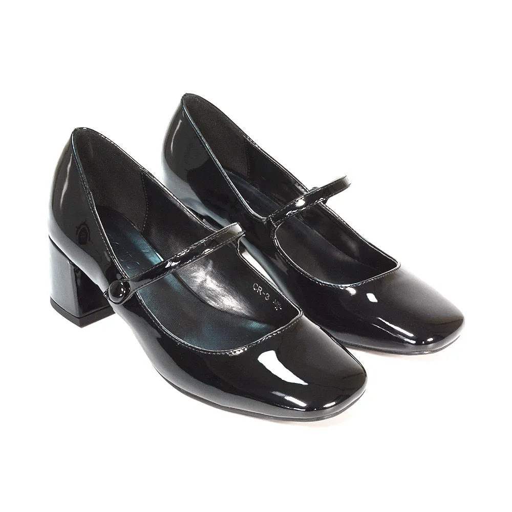Rhea Mid Block Heel Closed Toe Mary Jane Shoes With Strap in Silver Metallic