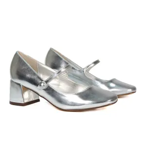 Rhea Mid Block Heel Closed Toe Mary Jane Shoes With Strap in Silver Metallic