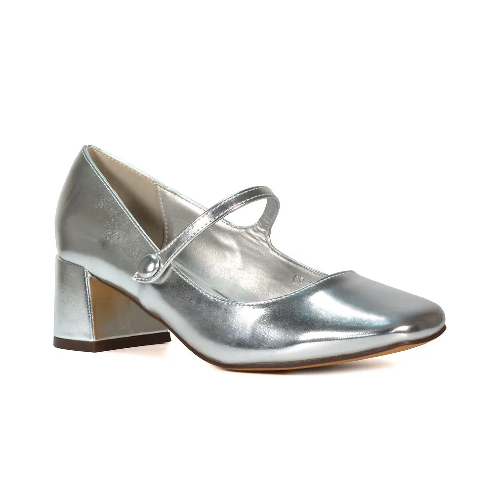 Rhea Mid Block Heel Closed Toe Mary Jane Shoes With Strap in Silver Metallic