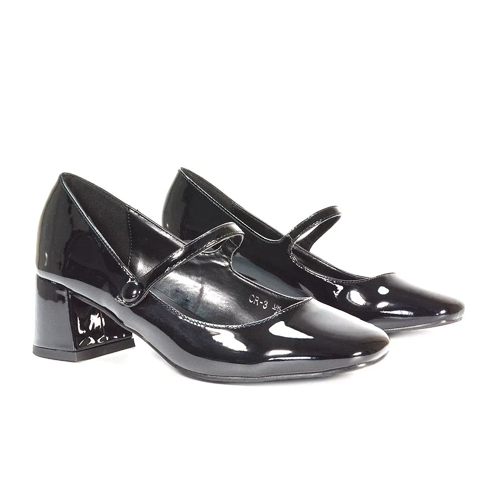 Rhea Mid Block Heel Closed Toe Mary Jane Shoes With Strap in Silver Metallic