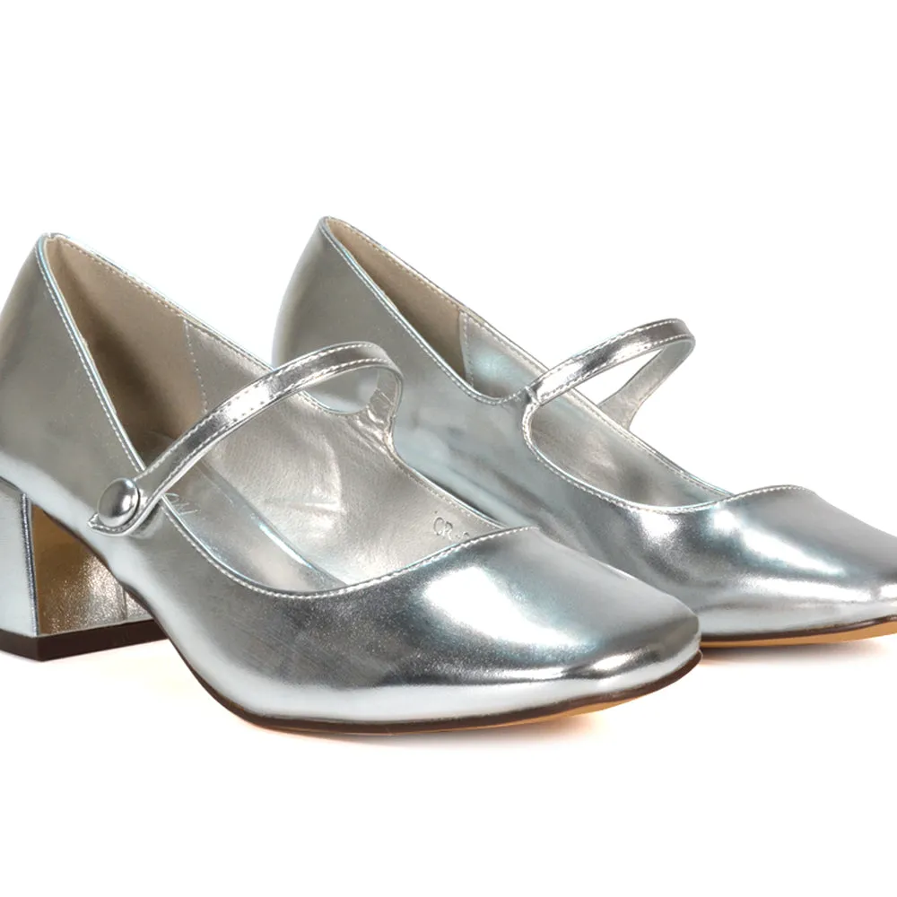 Rhea Mid Block Heel Closed Toe Mary Jane Shoes With Strap in Silver Metallic