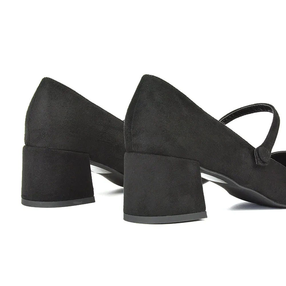 Rhea Mid Block Heel Closed Toe Mary Jane Shoes With Strap in Silver Metallic