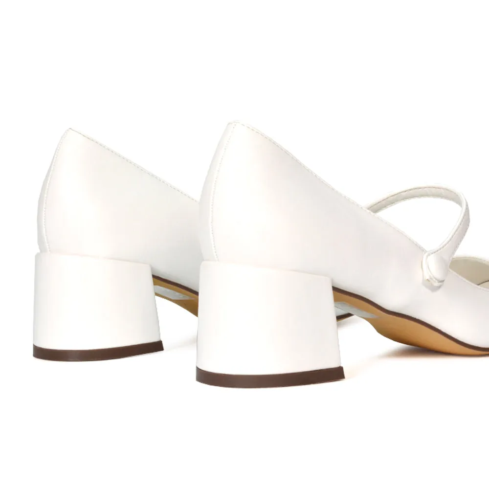 Rhea Mid Block Heel Closed Toe Mary Jane Shoes With Strap in Silver Metallic
