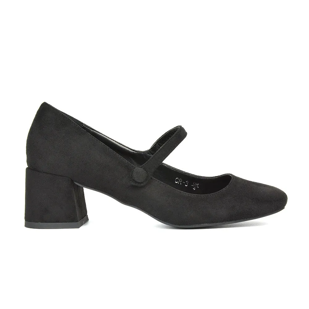 Rhea Mid Block Heel Closed Toe Mary Jane Shoes With Strap in Silver Metallic