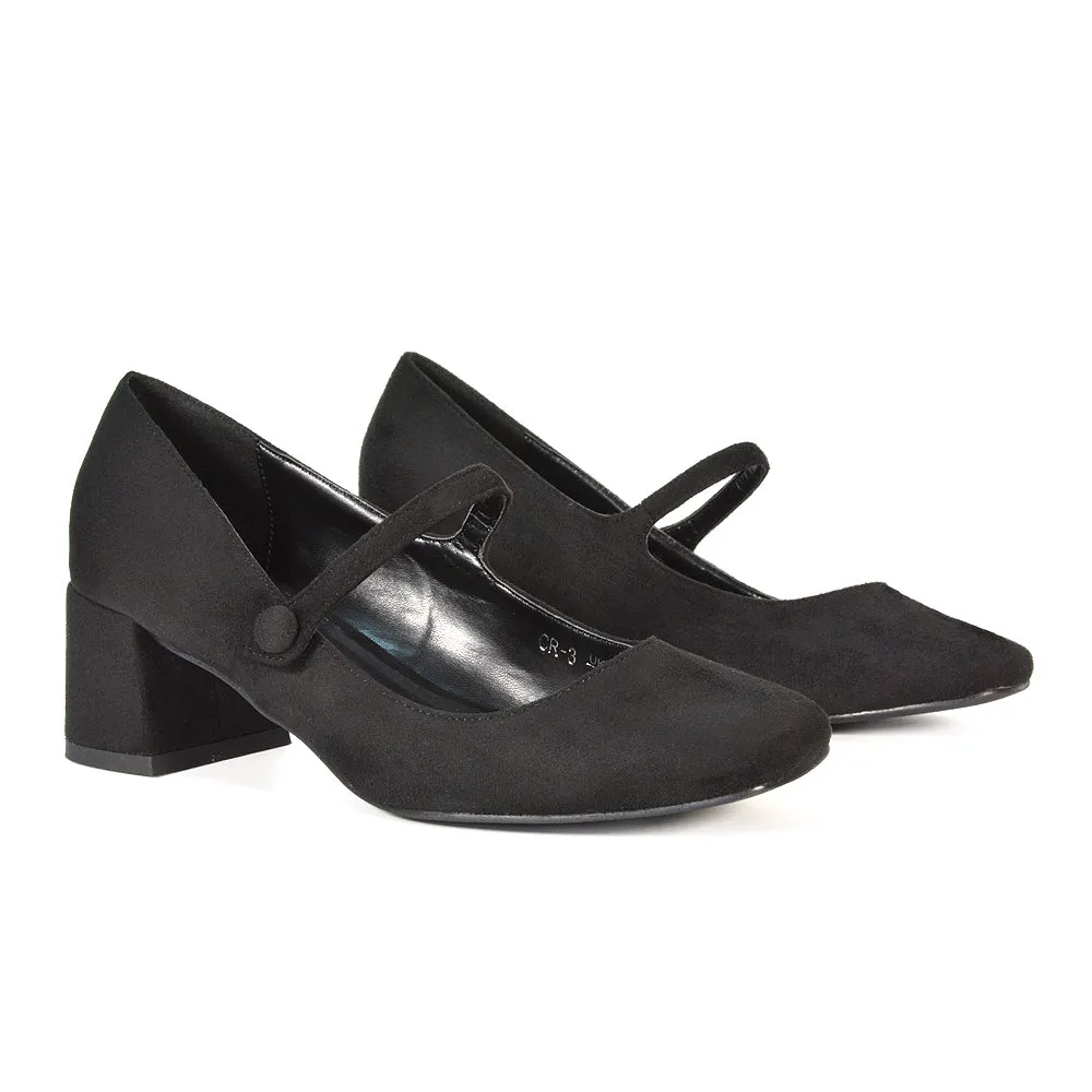 Rhea Mid Block Heel Closed Toe Mary Jane Shoes With Strap in Silver Metallic