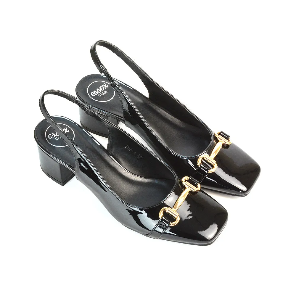Selena Square Toe Slingback Mid Block Heel Ballet Court Shoes in Black Patent