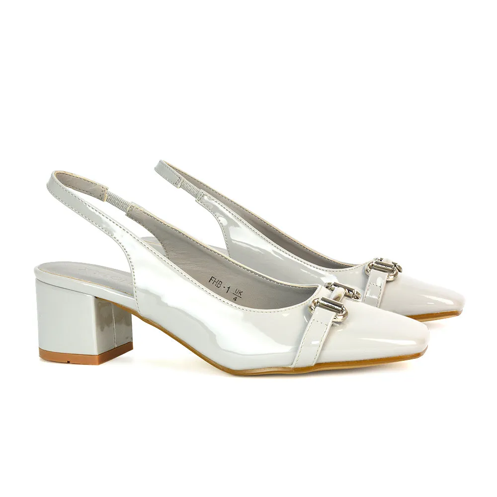 Selena Square Toe Slingback Mid Block Heel Ballet Court Shoes in Black Patent