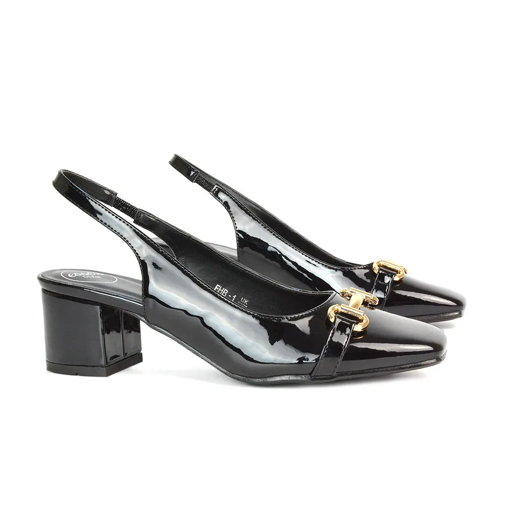 Selena Square Toe Slingback Mid Block Heel Ballet Court Shoes in Black Patent