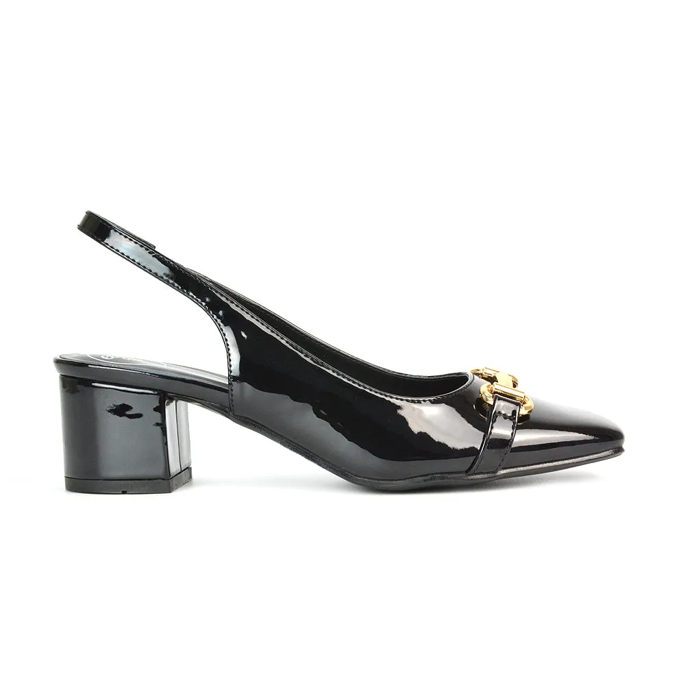 Selena Square Toe Slingback Mid Block Heel Ballet Court Shoes in Black Patent
