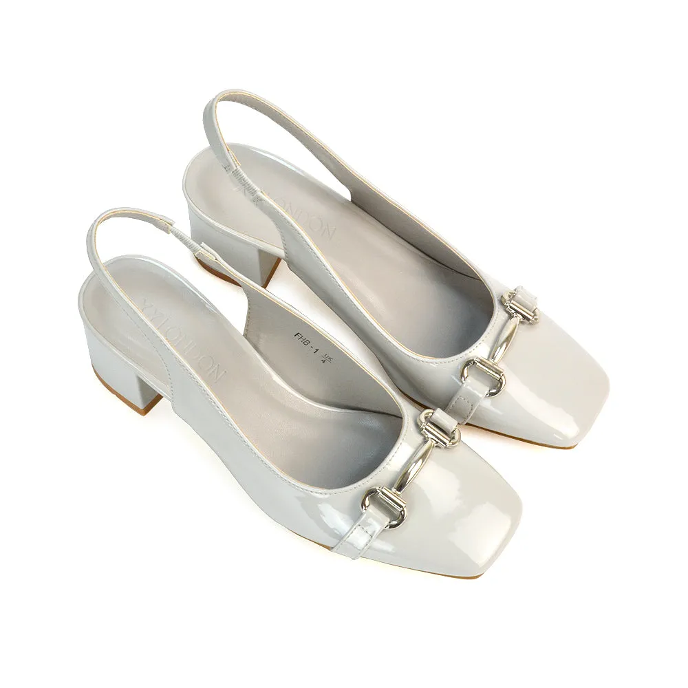Selena Square Toe Slingback Mid Block Heel Ballet Court Shoes in Black Patent