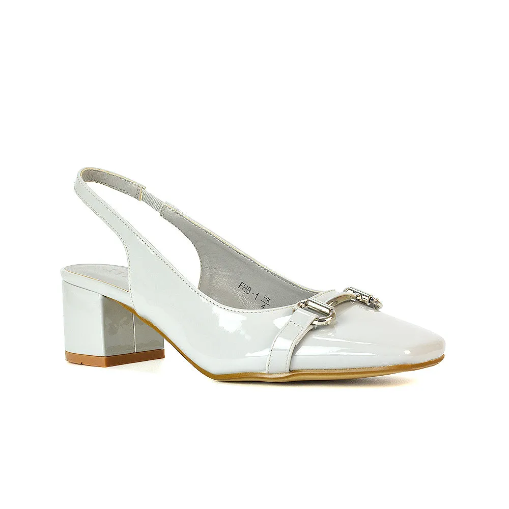Selena Square Toe Slingback Mid Block Heel Ballet Court Shoes in Black Patent