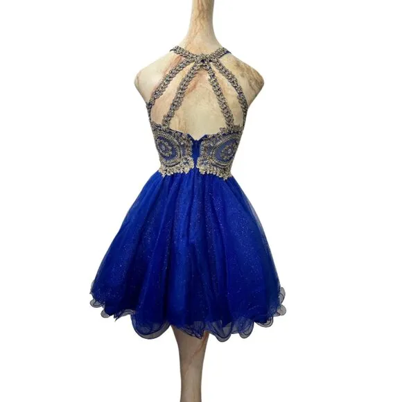 Short‎ Royal Blue Formal Dress with Gold Appliqués – Perfect for Prom &amp; Weddings