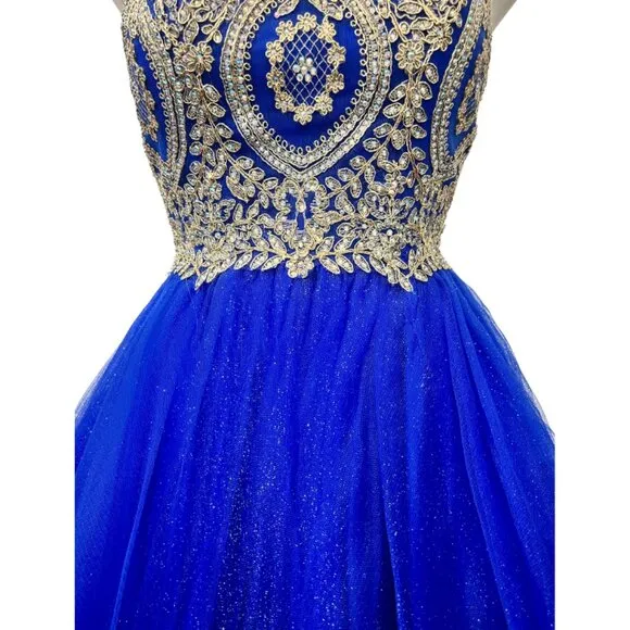 Short‎ Royal Blue Formal Dress with Gold Appliqués – Perfect for Prom &amp; Weddings