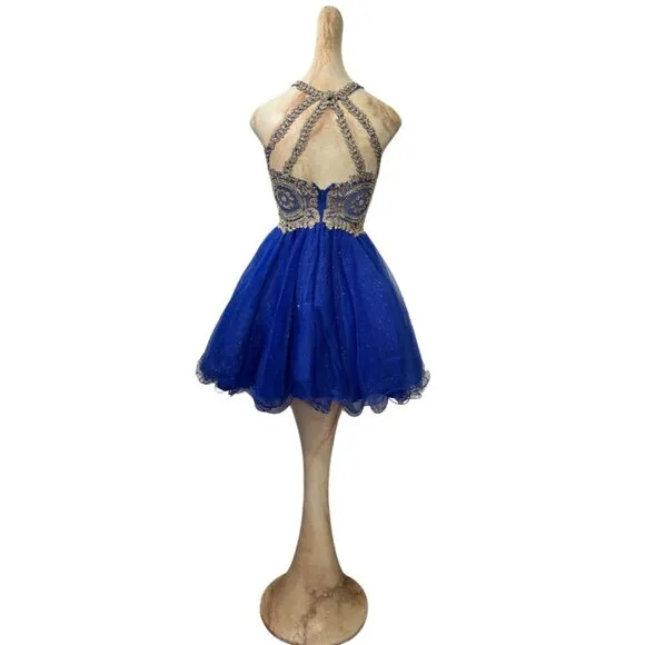 Short‎ Royal Blue Formal Dress with Gold Appliqués – Perfect for Prom &amp; Weddings