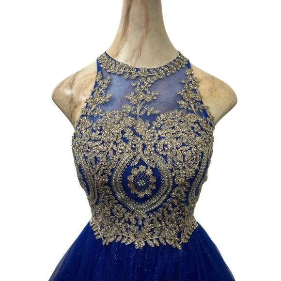 Short‎ Royal Blue Formal Dress with Gold Appliqués – Perfect for Prom &amp; Weddings