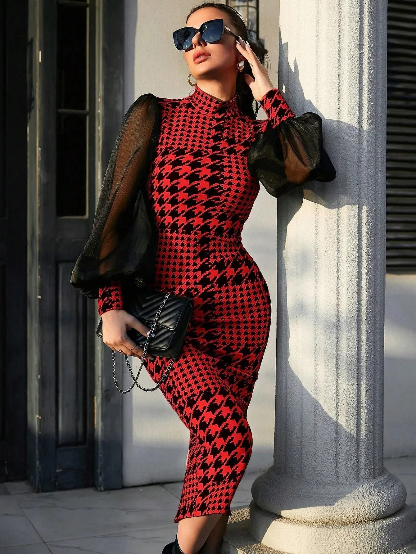 Sophisticated Houndstooth Print Mesh Sleeve Bodycon Midi Dress