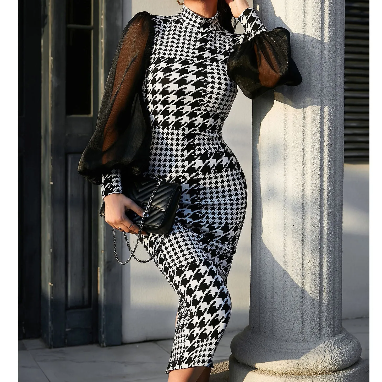 Sophisticated Houndstooth Print Mesh Sleeve Bodycon Midi Dress