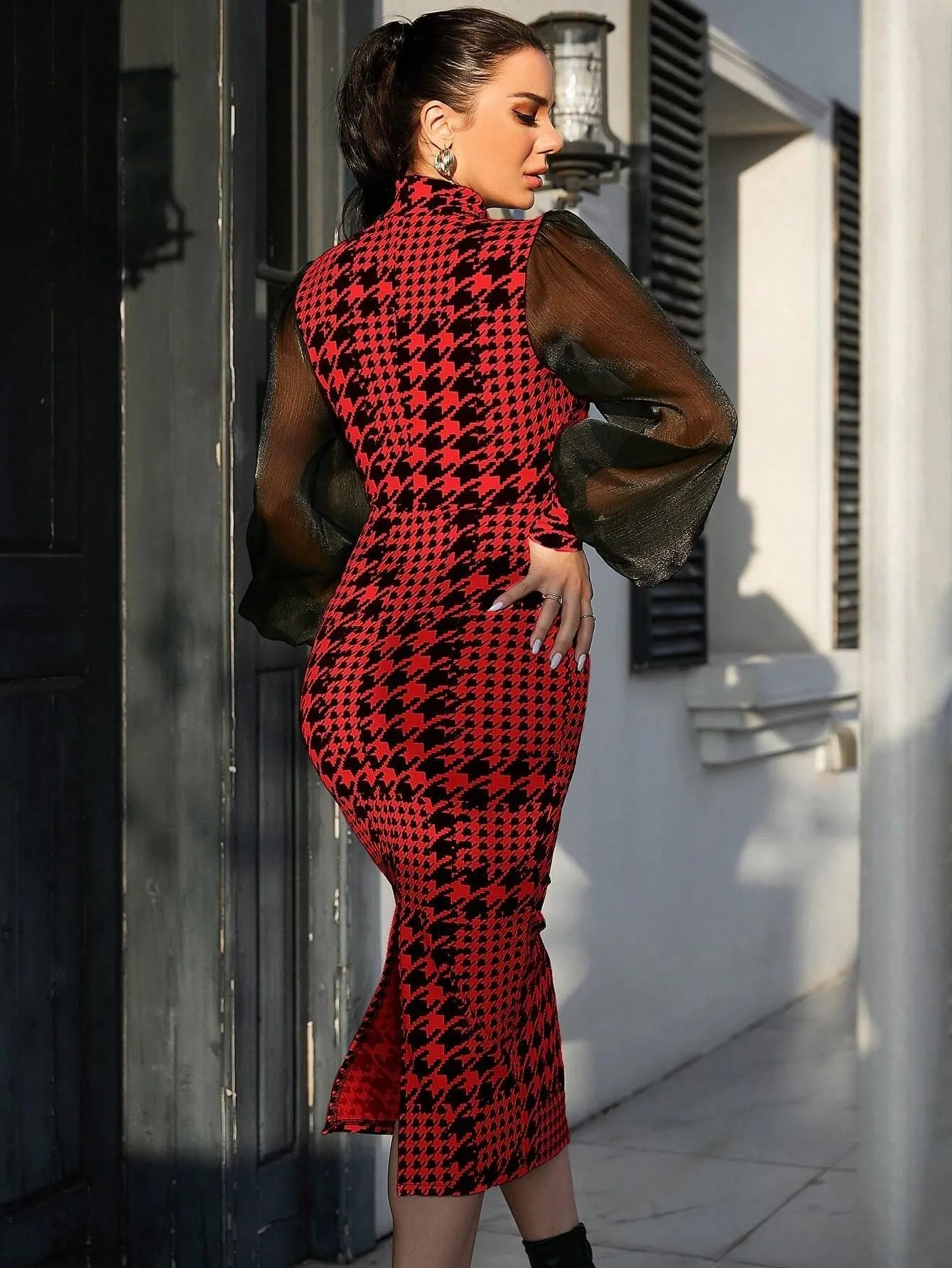 Sophisticated Houndstooth Print Mesh Sleeve Bodycon Midi Dress