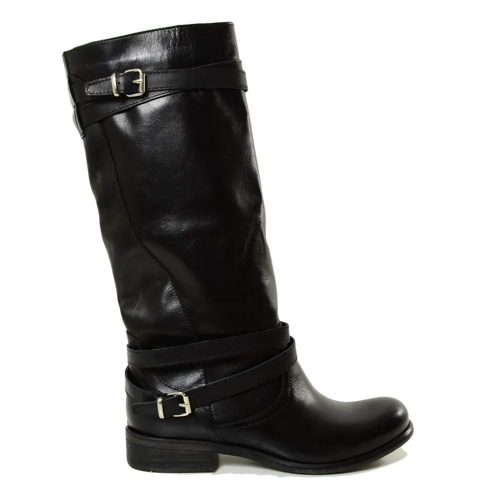 Stivali Camperos Alti Donna con Fibbie in Liscia Pelle Nero