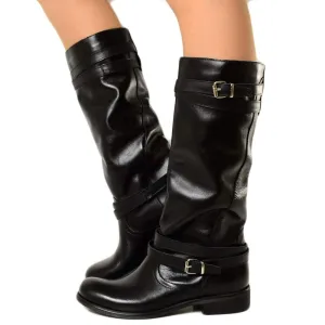 Stivali Camperos Alti Donna con Fibbie in Liscia Pelle Nero