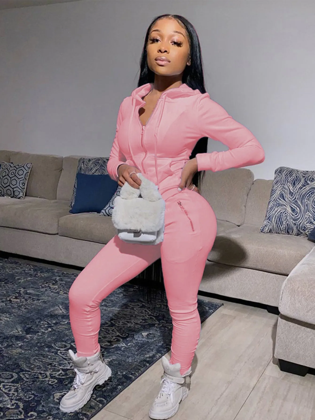 Stylish Hooded Zipper Tracksuit Set with Pocket Detail for Casual Chic