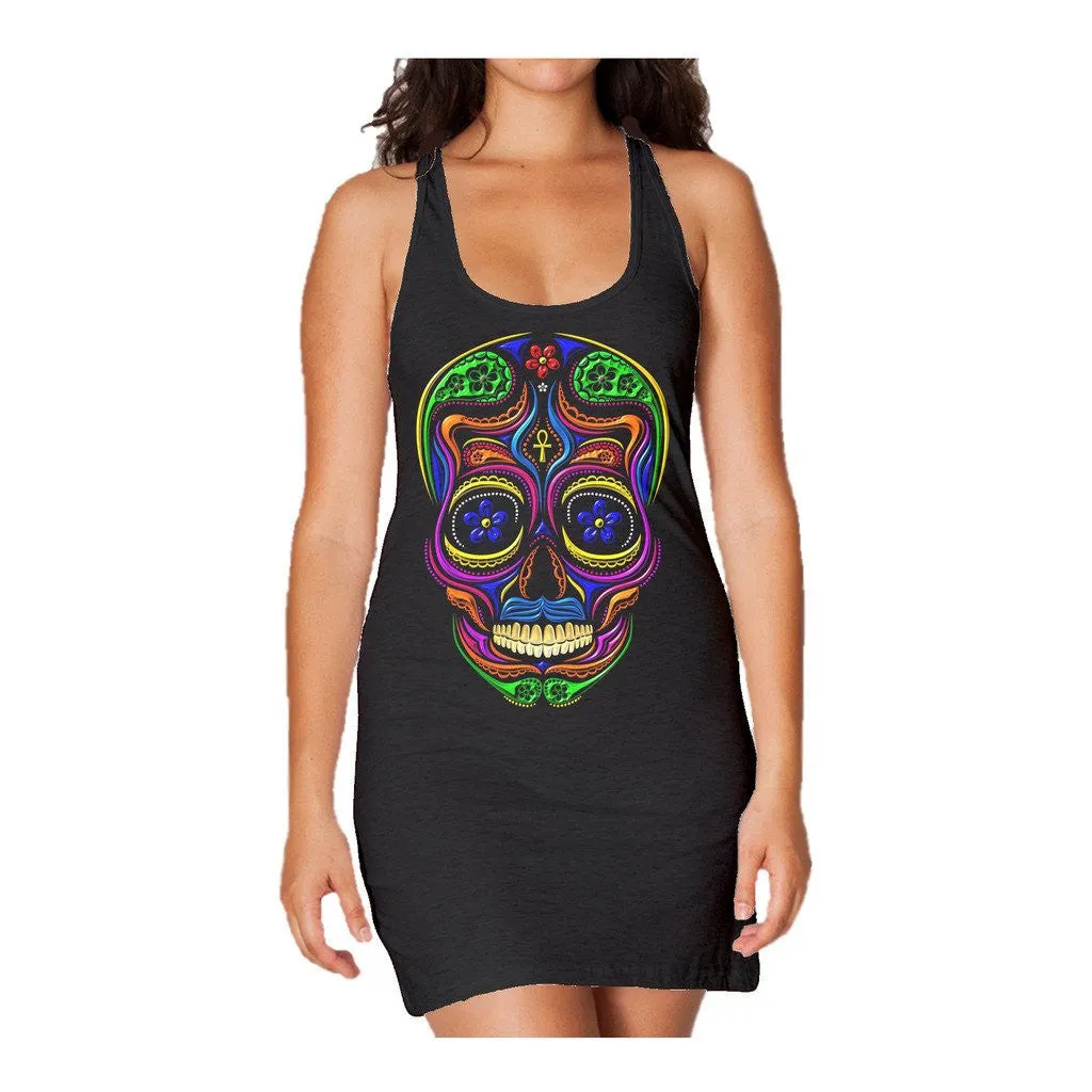 Sugar Skull Mexican Skull Women's Long Tank Dress (Black)