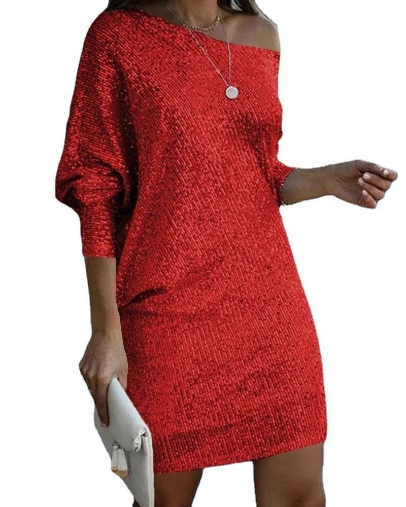 Women one Shoulder sequin Dress Evening Party Dress
