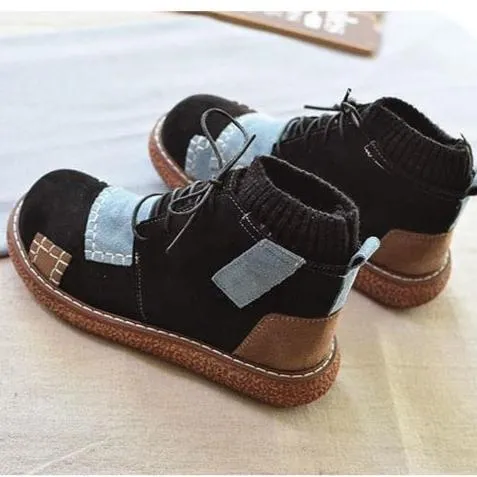 Women Winter Colorblock Round-Toe Chunky Sole Fleece-Lined Boots